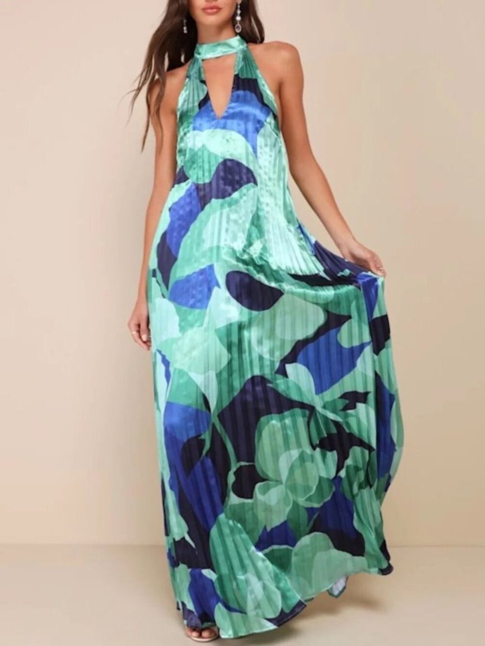 Lulus Prime Poise Green And Blue Abstract Satin Halter Maxi Dress NWT Small